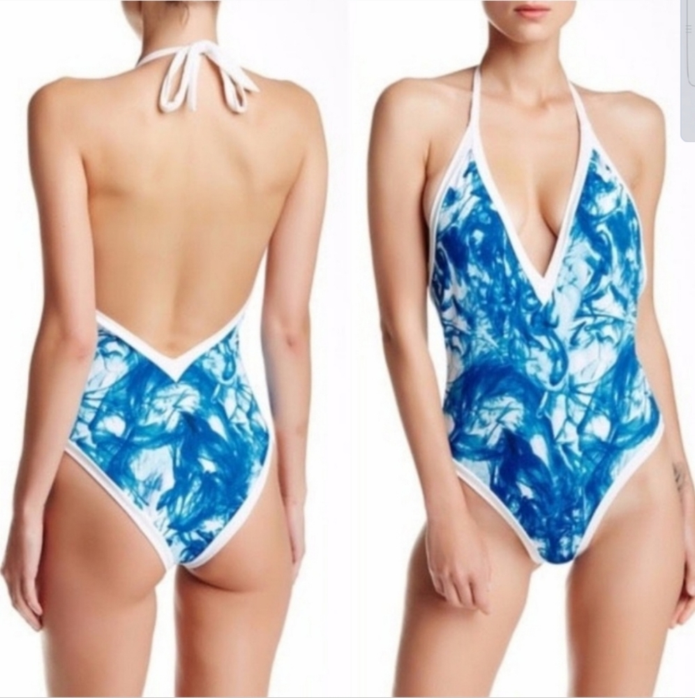 NWT Sole East Blue Tie Die Deep V Cut Halter Capri One Piece Swimsuit